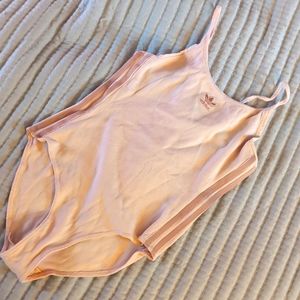Adidas medium ribbed cotton body suit 3 stripe trefoil tan beige women's Medium